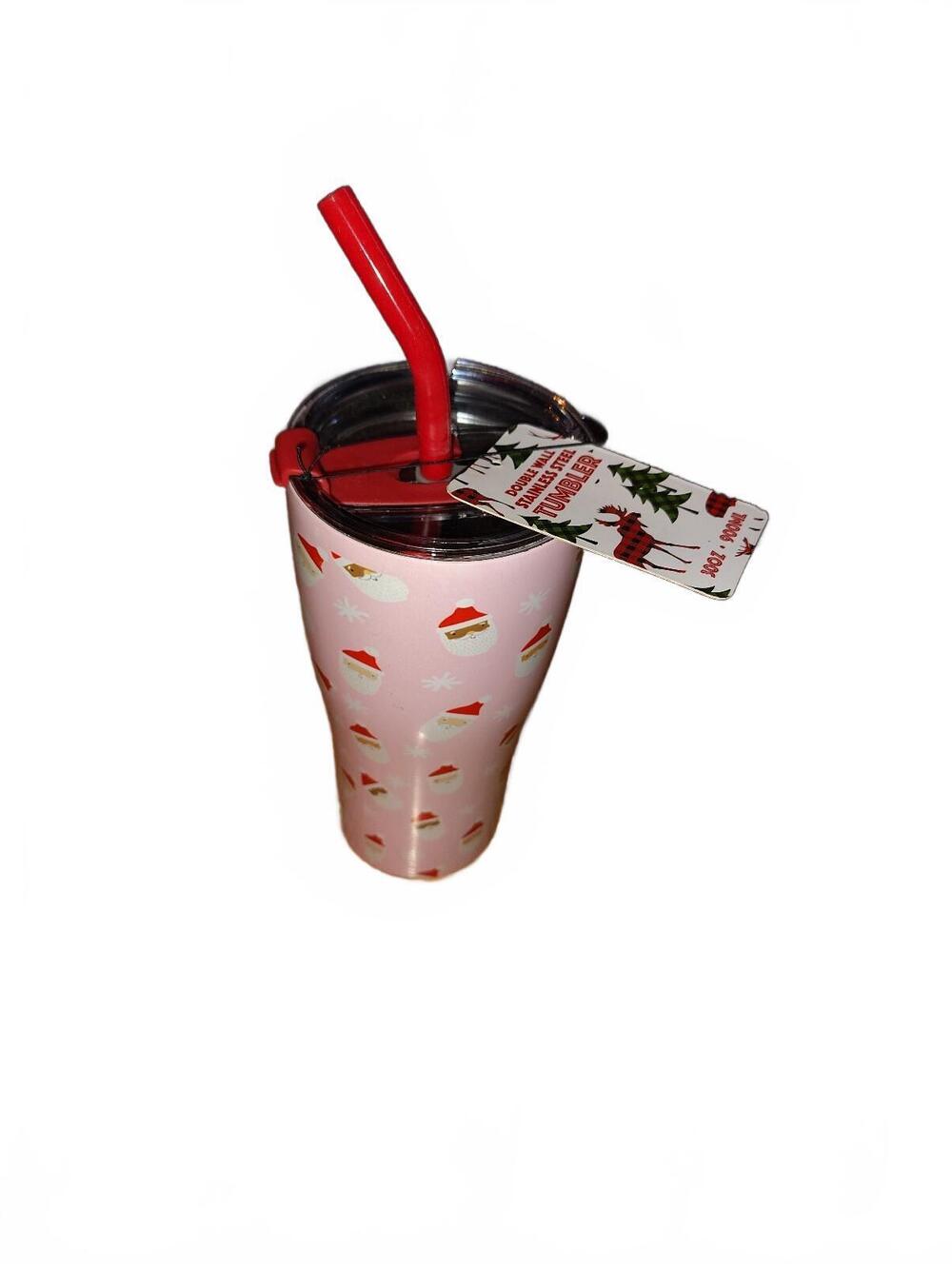 Double Wall Stainless Steel Tumbler Pink Santa Hats Christmas Cup 30 oz